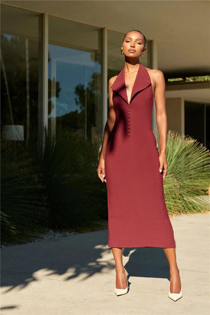 Halter Deep V Neck Sleeveless Sexy Maxi Backless Bodycon Tank Long Dress