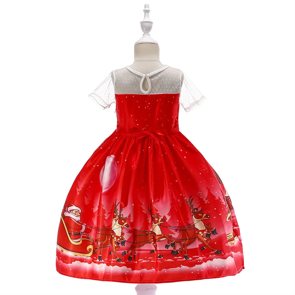 Kids Girls Princess Cartoon Santa Claus Snowflake Costume Xmas Party Print Dress