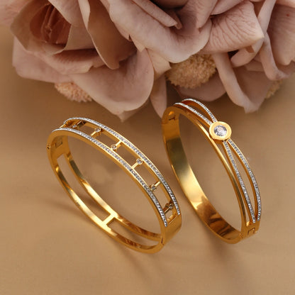Women Stainless Steel Cross Small Zircon Round Charm Crystal Bangle Bracelet