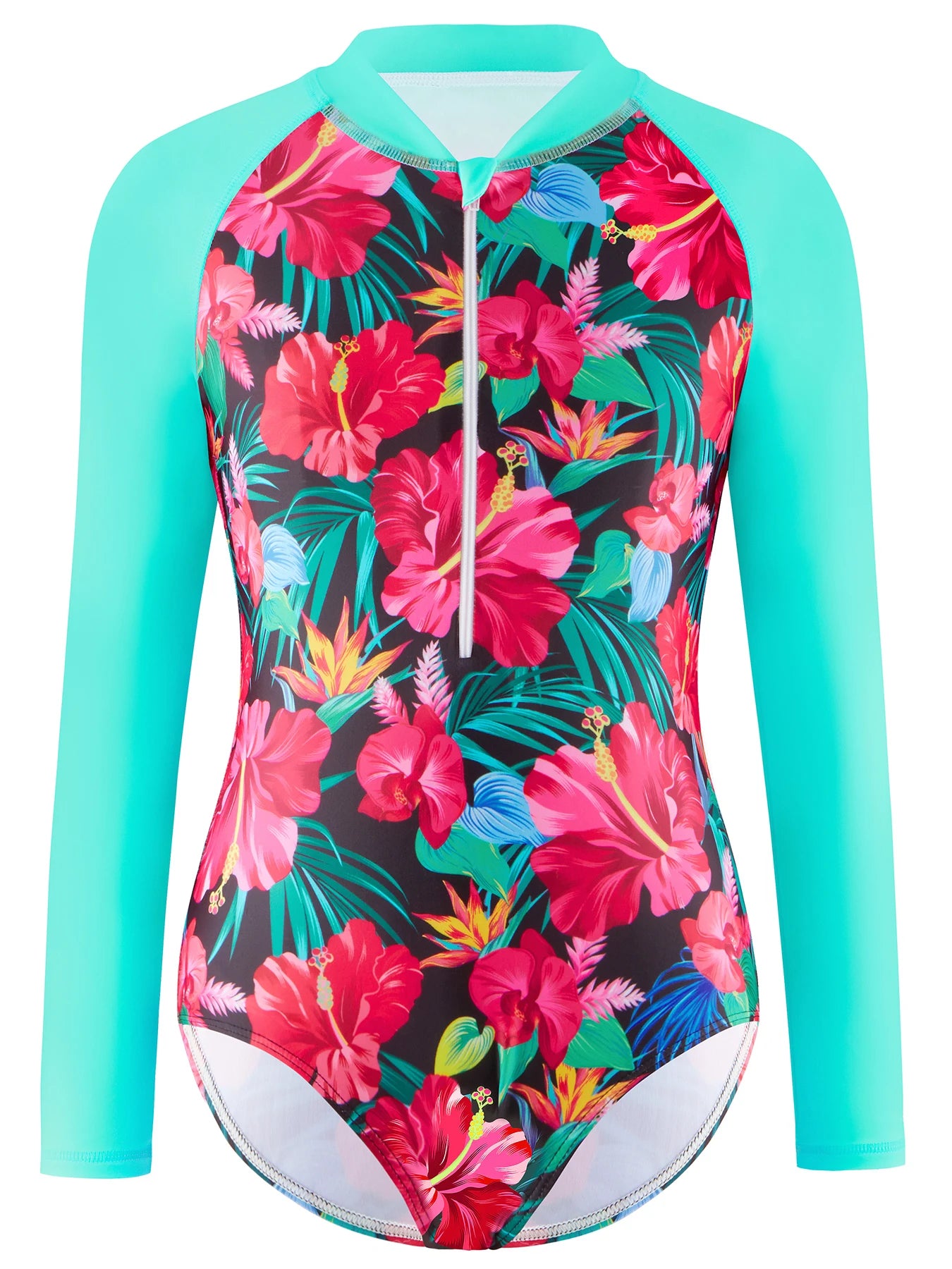 Girls Kids One Piece Long Sleeve Floral Print Bikini Cut Bottom Swimwear Beach Swim