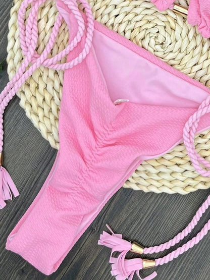 Sexy solid color swimsuit women's split bikini woven rope hanging neck beach swimwear suit