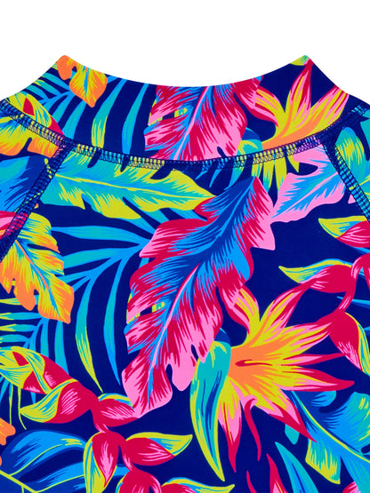 Girls Kids One-Piece Long Sleeve All-over Plant Print Beach Boyleg Shorts Swimming Suit Swimsuit