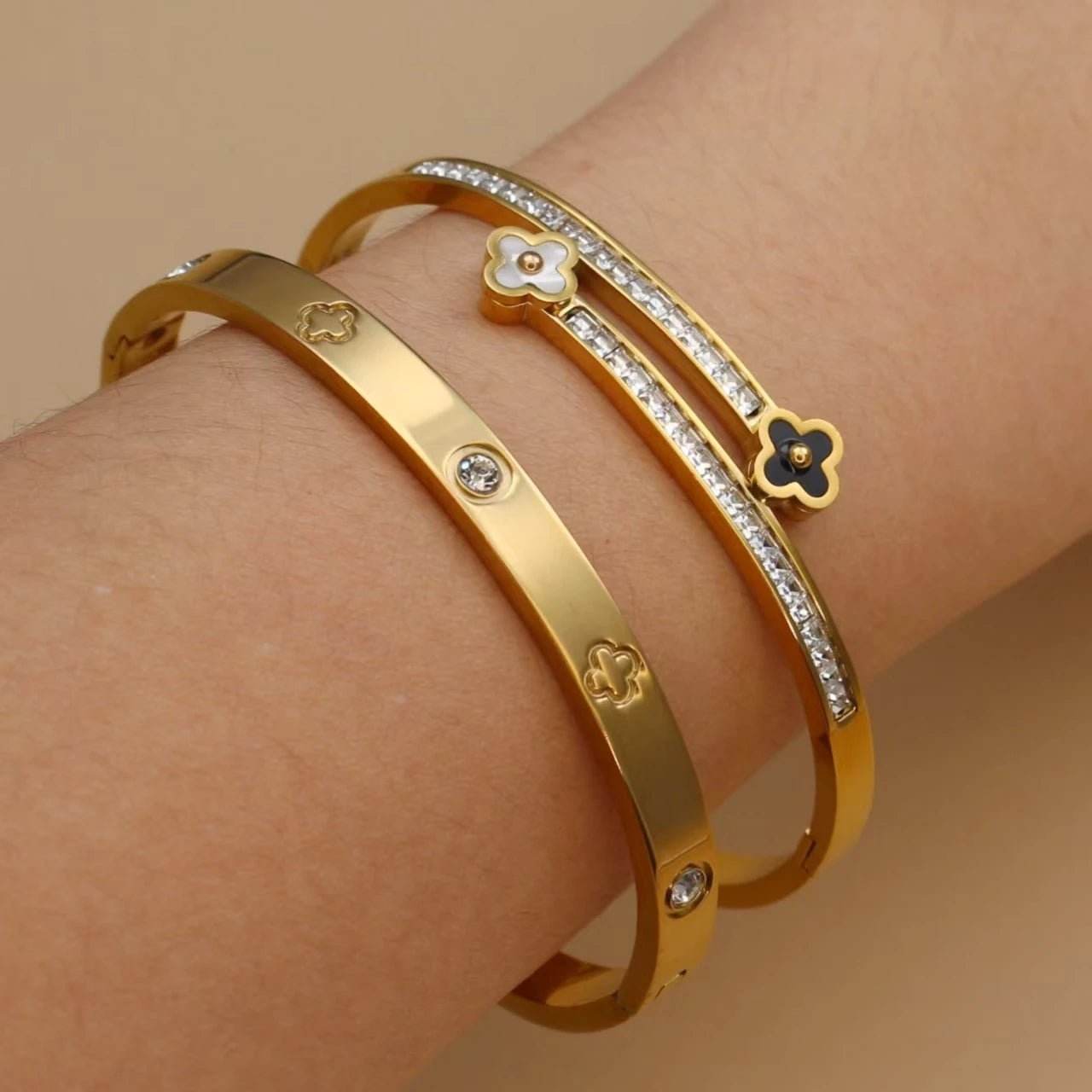 Stainless Steel Bangle Four-leaf Clover Crystal Design Stacking Bracelet Bangle