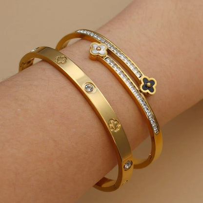 Stainless Steel Bangle Four-leaf Clover Crystal Design Stacking Bracelet Bangle
