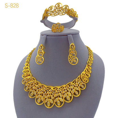 Women Wedding Dubai African Indian Flower Gold Plated Necklace Jewelry Sets