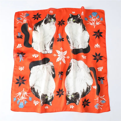 Women Fashion Silk Satin Cats Pets Printed Wrap Scarf Bandana Scarves