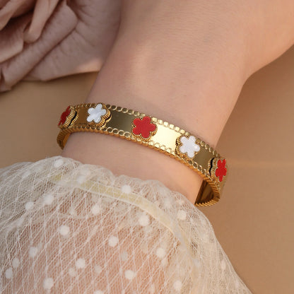 Women Acrylic Flower Shape Stainless Steel 18k Gold Color Bracelet Bangles