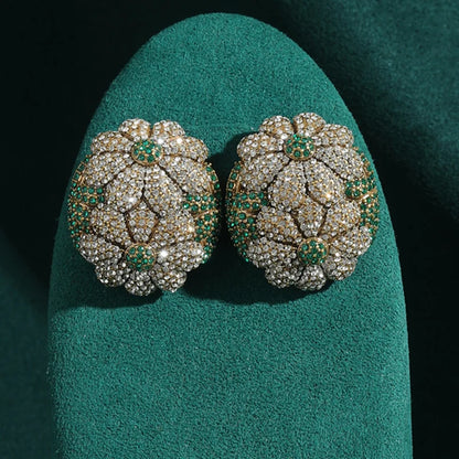 Vintage Rhinestones Sunflower Flower Petals Green Oval Antique Stud Earrings