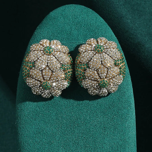 Vintage Rhinestones Sunflower Flower Petals Green Oval Antique Stud Earrings