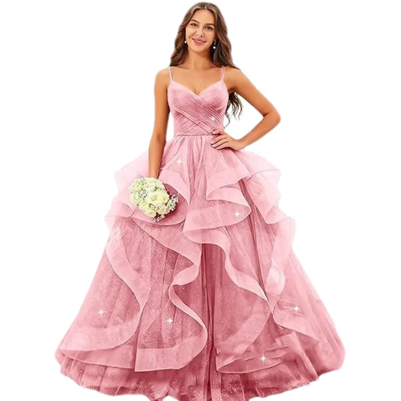Sparkly Tulle Long Prom Spaghetti Straps Ball Glitter Tulle A-line Formal Evening Party Gown Dress