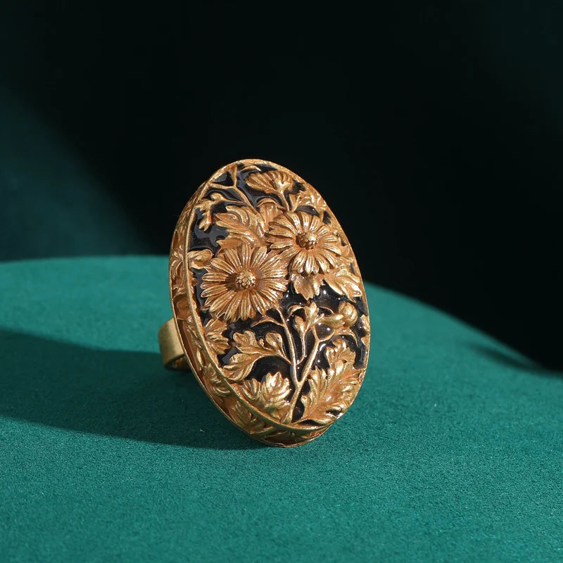 18K Gold-Plated Women Hand-Carved Floral Enamel Vintage Art Deco Ring