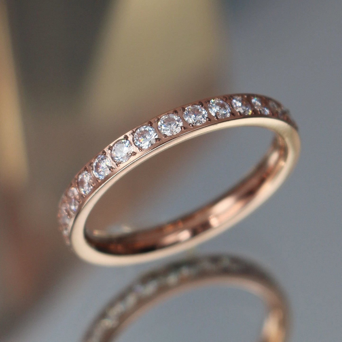 2mm Women 18k gold plated Stainless Steel Crystal CZ Eternity Wedding Ring Gifts