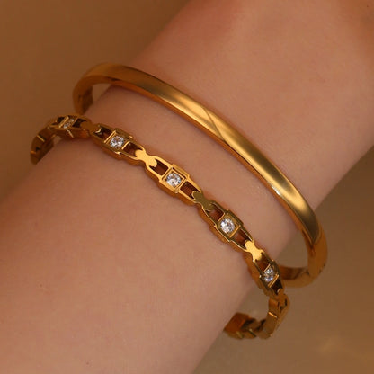 2-in-1 Geometric Zircon Design 18K Gold Plated Stainless Steel Bracelet Bangle