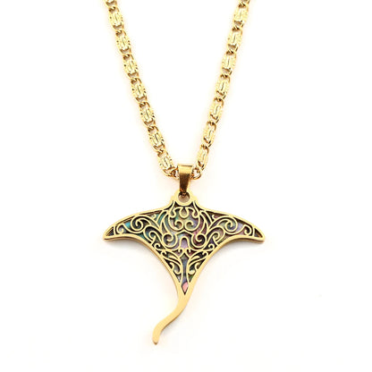 Women Men Stainless Steel Gold Color Ocean Animal Manta Ray Sea Devil Fish Abalone Shell Pendant Necklace