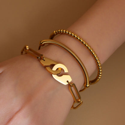 Women 18K Gold-Plated Stainless Steel Bead Open Bracelet Clasp Design Bangles Jewelry
