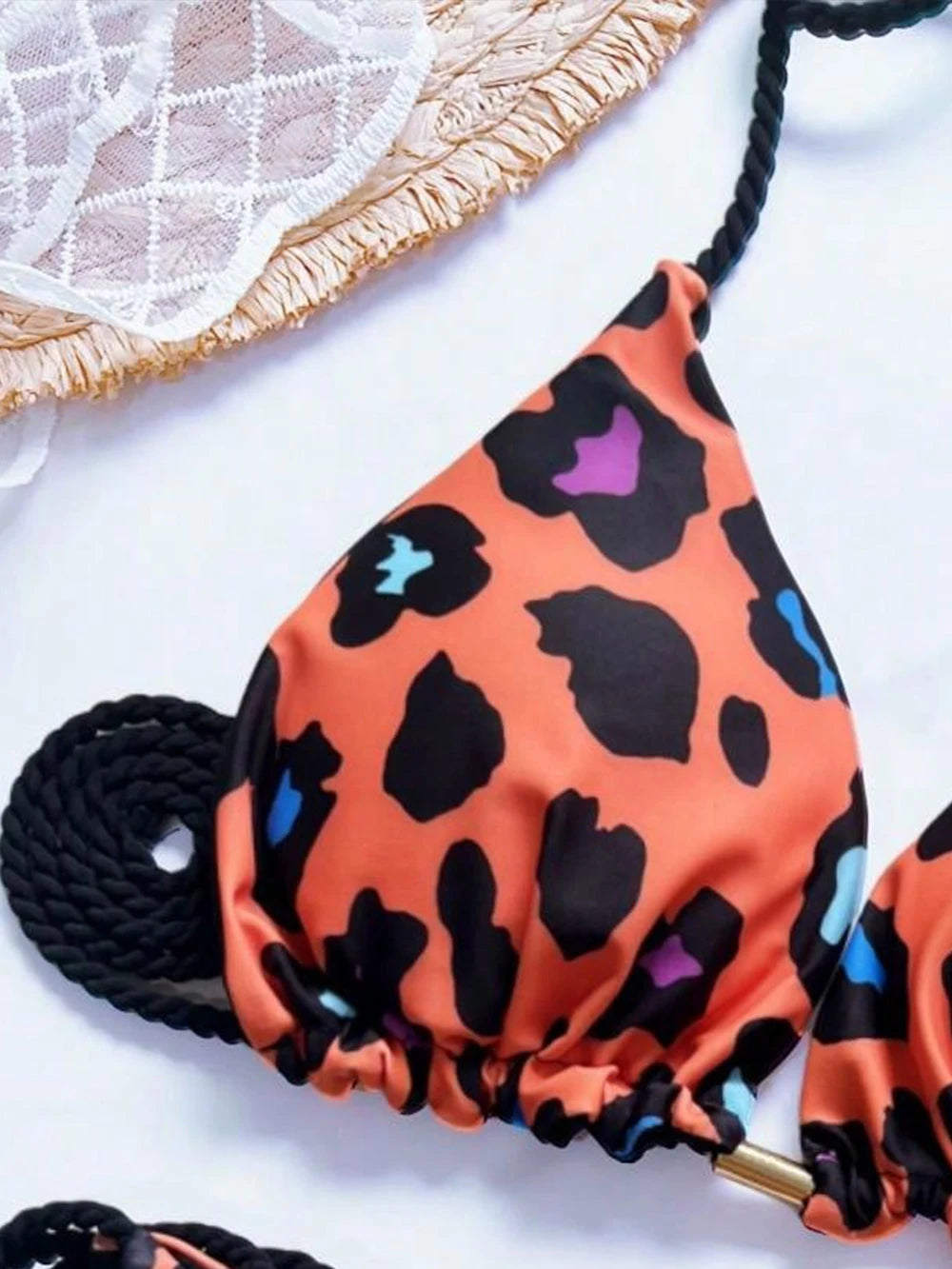 Women Leopard Print Bikini Triangle Braiding Rope Bathing Halter Swimwear Bandage Brazilian Suit