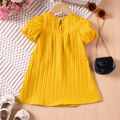 Kids Girl Solid Color Bubble Sleeve Cute Bow Party Birthday Outing Dress