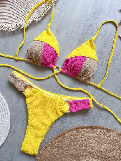 Sexy Push Up Neon Green Tassel Drawstring Side Thong Swimsuit Swimwear Bathing Suit