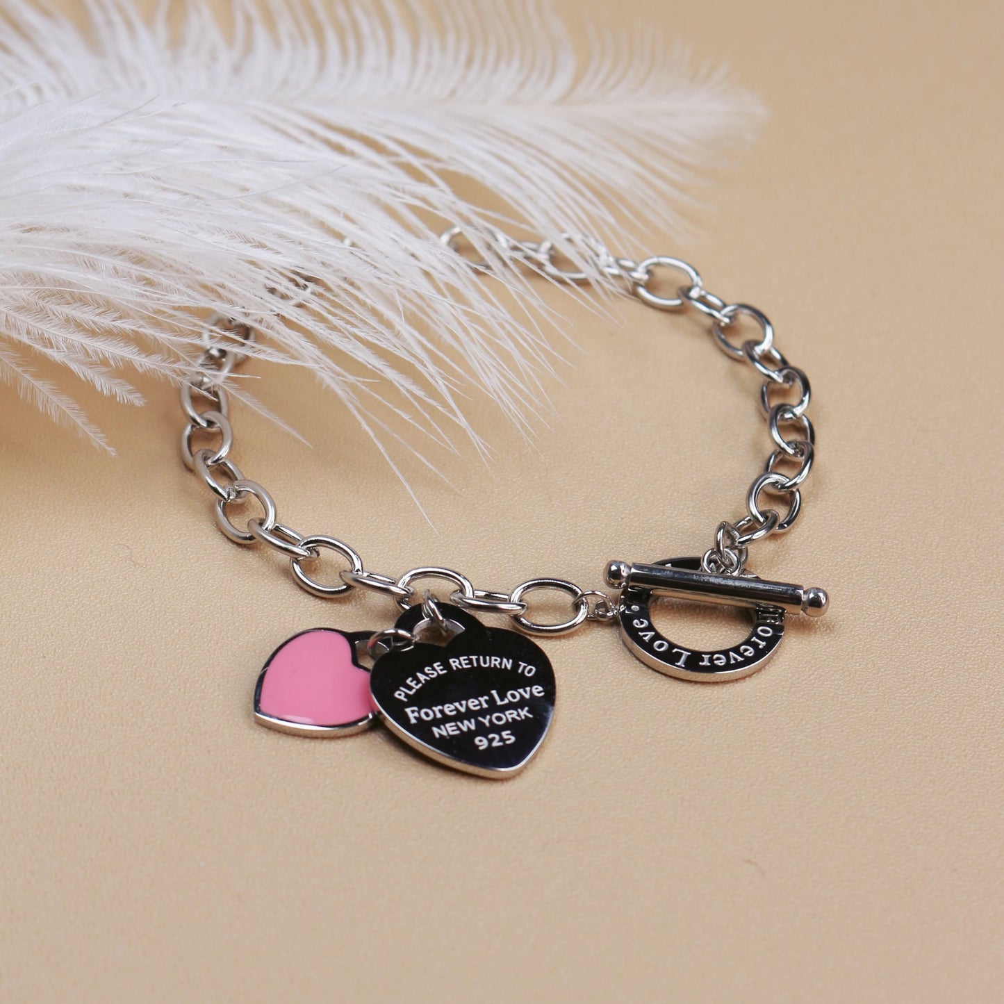 Fashion Stainless Steel Gold Color Double Heart Pendant Design FOREVER LOVE Bracelet Bangle