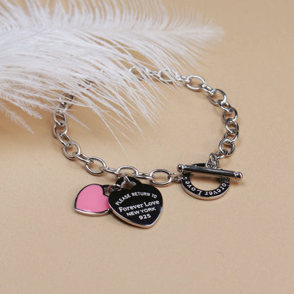 Fashion Stainless Steel Gold Color Double Heart Pendant Design FOREVER LOVE Bracelet Bangle