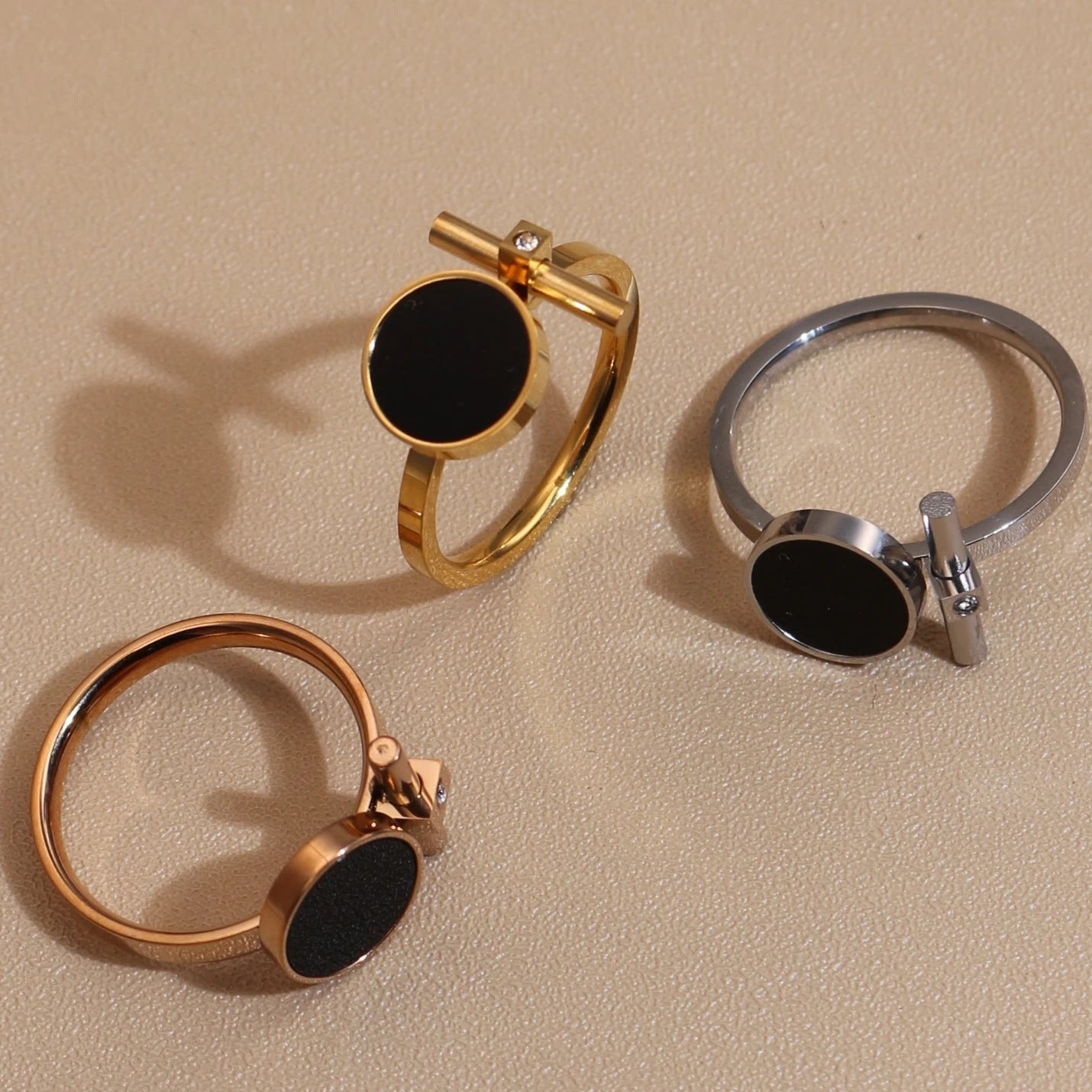 Women 2-In-1Black Acrylic Zirconia Stainless Steel Ring Bangle Bracelet Gifts Set