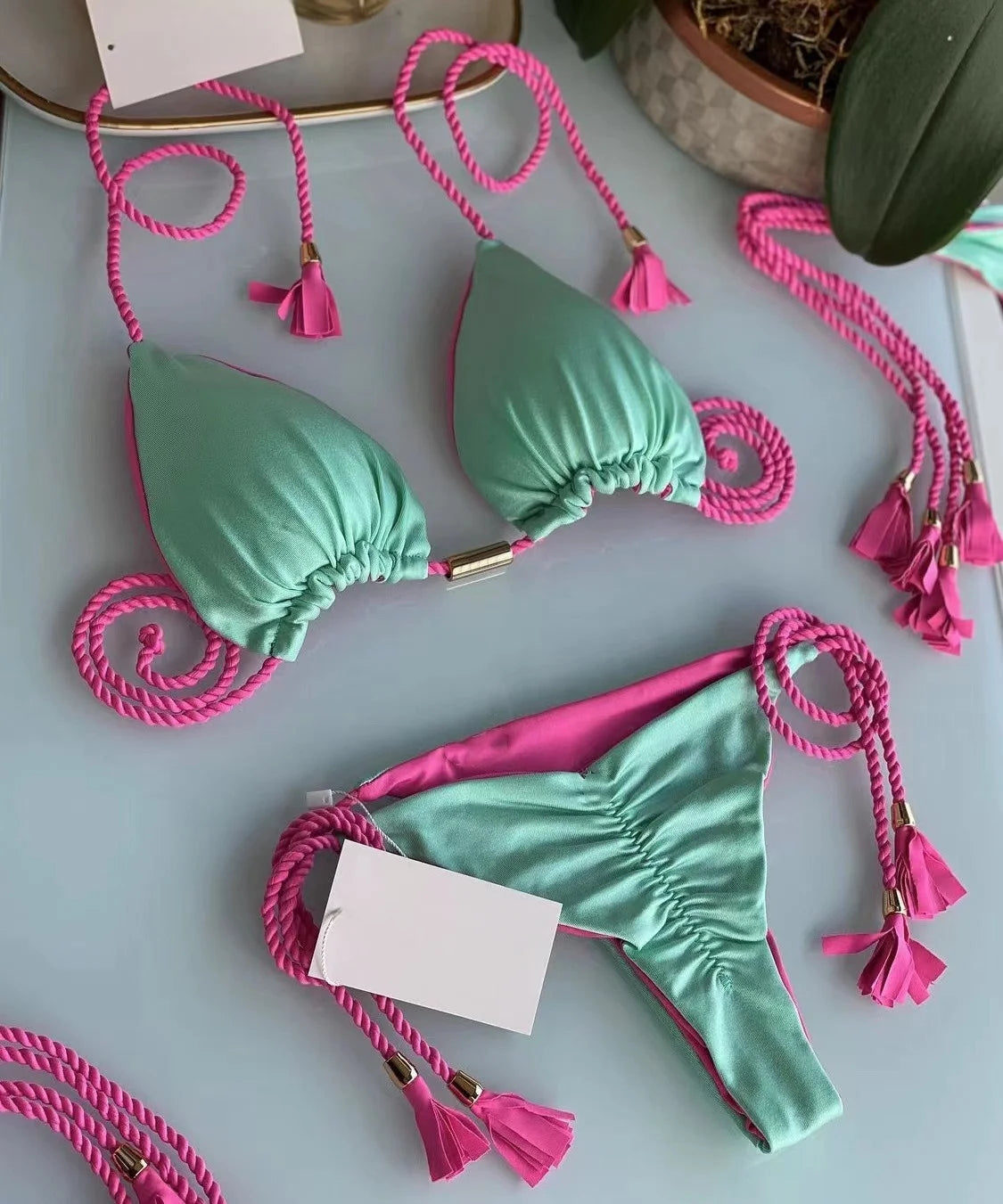 Sexy Separate Triangle Pure Color Rope Weaving Multicolor Bikini Swimsuit Suit
