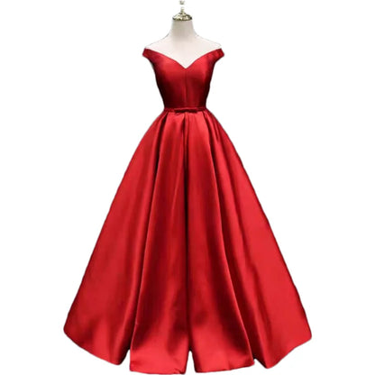 Off-Shoulder A-Line Satin Formal Women Prom Long Evening Party Gown Dress w/ Pockets