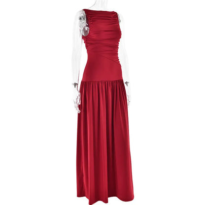 Elegant Sleeveless Women Fashion Solid Boat Neck Tank Ruched Long Dress Gown