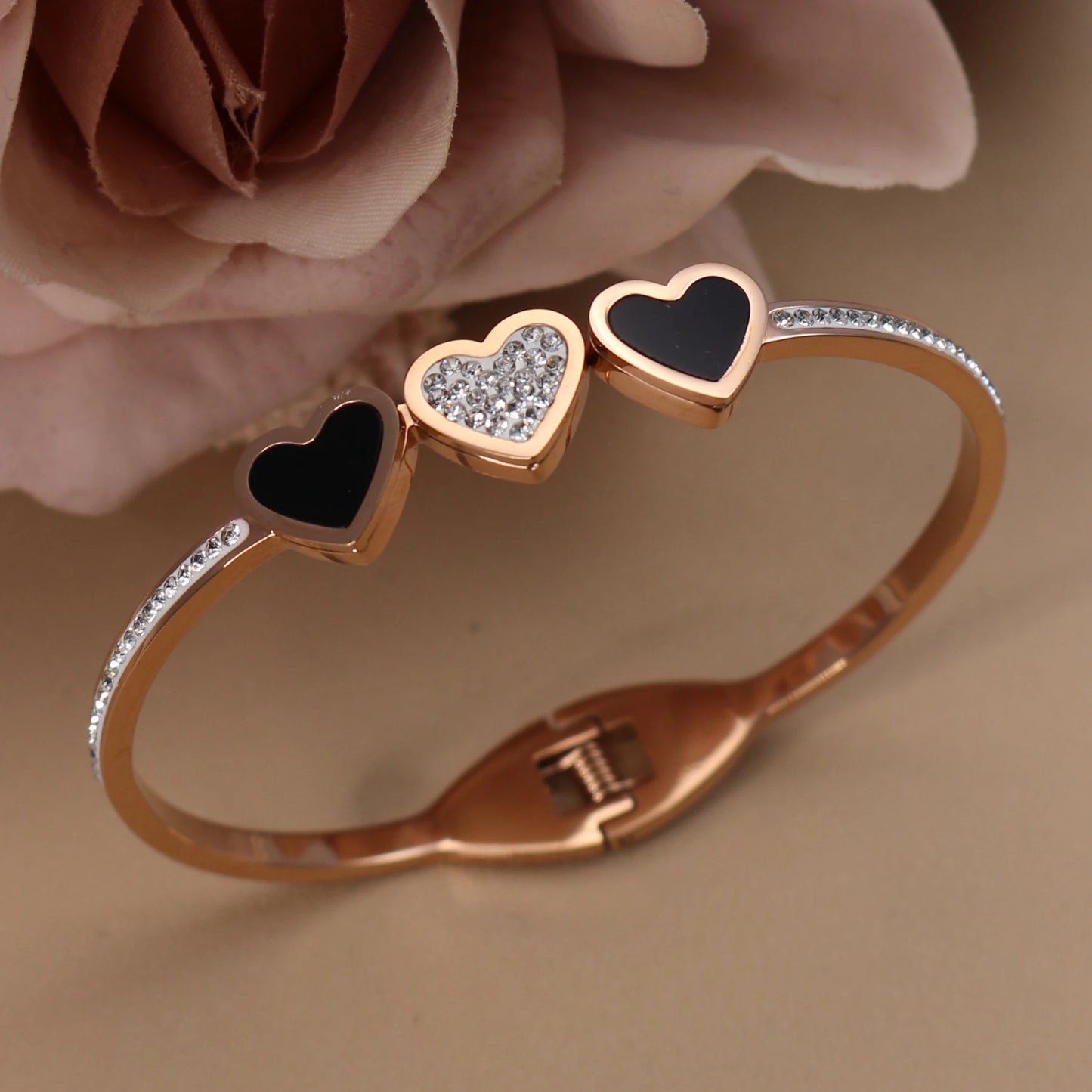 Stainless Steel Double Row Crystals Heart-Shaped Designs Open Clasp Charm Bangle Bracelet