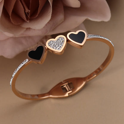 Stainless Steel Double Row Crystals Heart-Shaped Designs Open Clasp Charm Bangle Bracelet