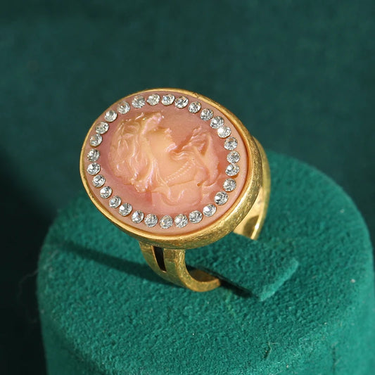Women Vintage Cameo Pink Oval Beauty White Rhinestone French Gold Color Ring