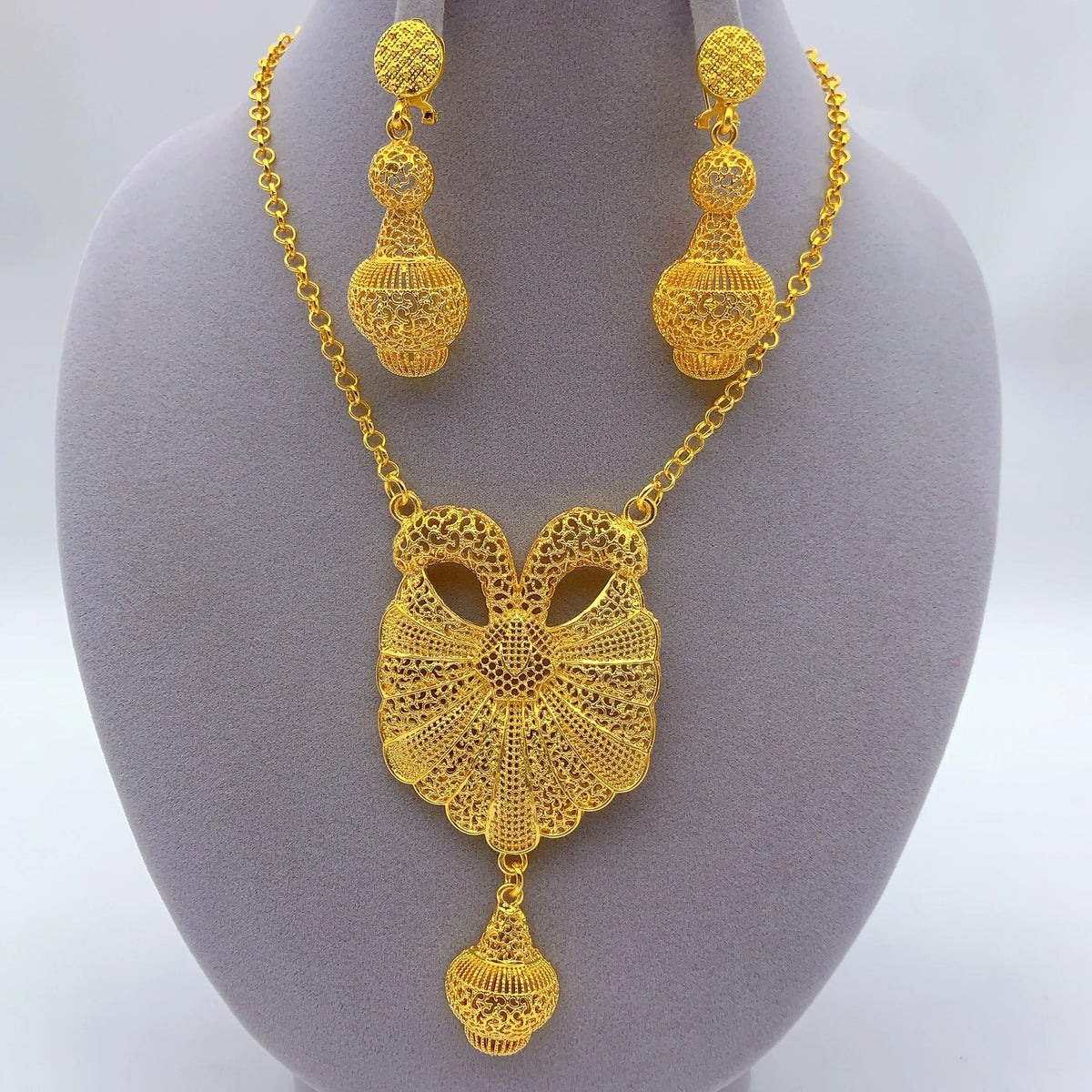 Indian 24K Gold Plated Women African Dubai Bridal Wedding Necklace Earrings Jewelry Set