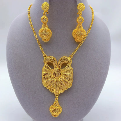 Indian 24K Gold Plated Women African Dubai Bridal Wedding Necklace Earrings Jewelry Set