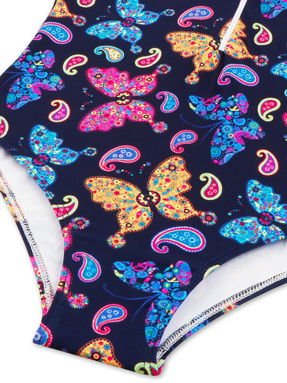 Kids Girls Long Sleeve Colorful Butterfly Print One Piece Zipper Beach Bikini-Cut Bottom Bathing Suit