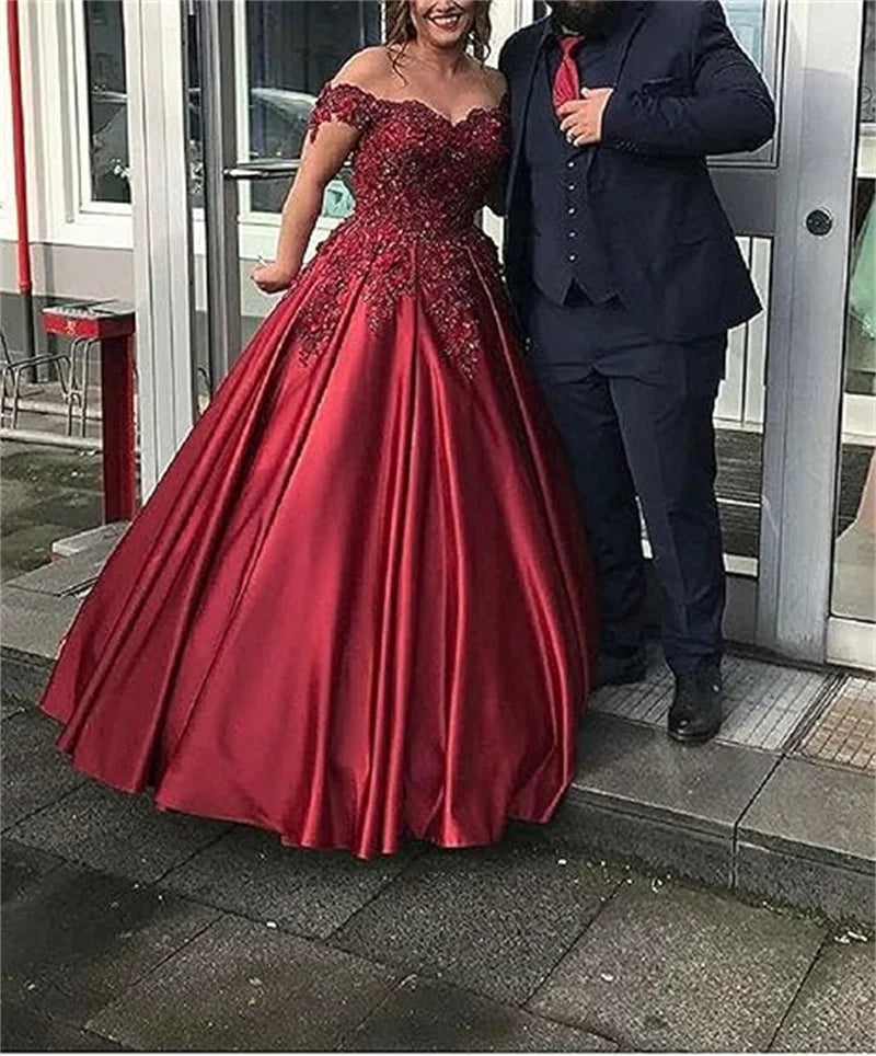 Women A-Line Long Off The Shoulder Satin Formal Gowns Sequin Lace Appliques Corset Prom Evening Dress w/ Pockets