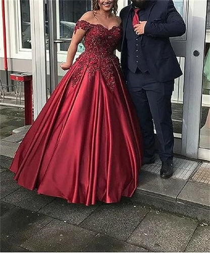 Women A-Line Long Off The Shoulder Satin Formal Gowns Sequin Lace Appliques Corset Prom Evening Dress w/ Pockets