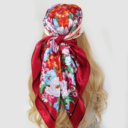 90cm Women Four Seasons Square Silk Satin Oil Painting Prints Bandana Wrap Shawl Scarves Scarfs gfK5