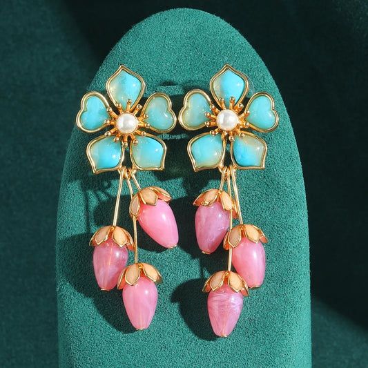 Luxury Blue Flower Natural Stone Pink Strawberry Rose Quartz Drop Gold Color Earrings Dangle