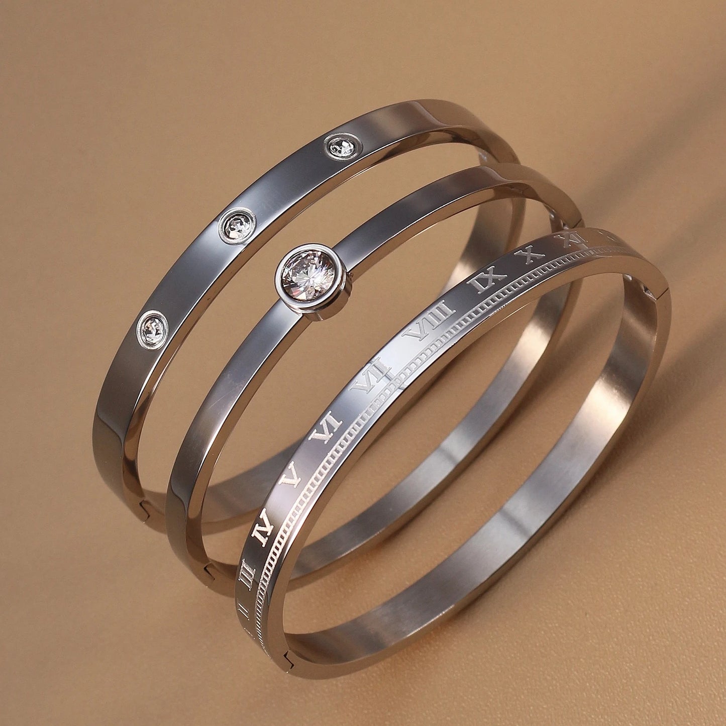 Women Roman Numeral 18k Gold Color Stainless Steel Zircon Bracelet Bangles