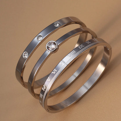 Women Roman Numeral 18k Gold Color Stainless Steel Zircon Bracelet Bangles