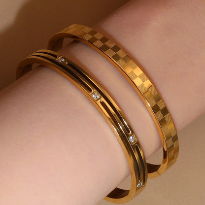 Luxury Polished Checkered Design Stainless Steel Crystal Wedding Party Bangle Bracelet