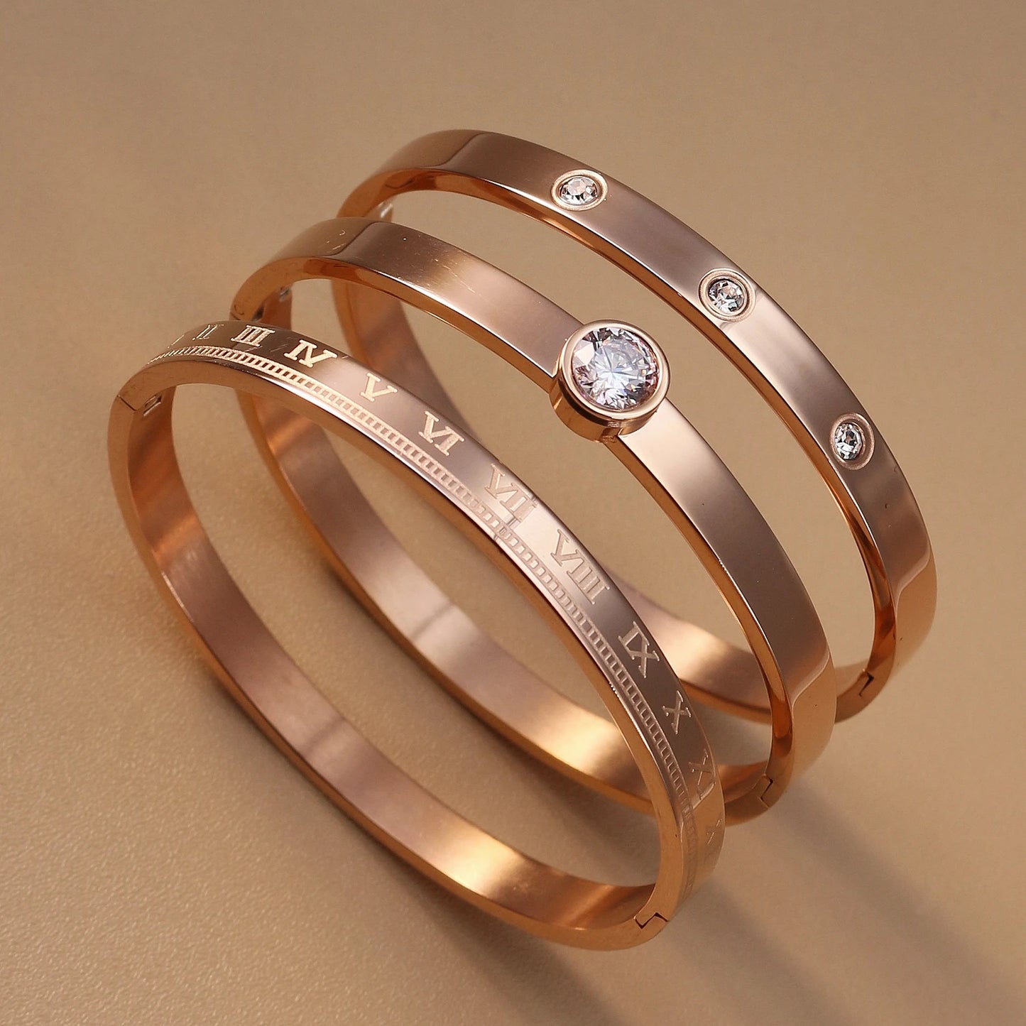 Women Roman Numeral 18k Gold Color Stainless Steel Zircon Bracelet Bangles
