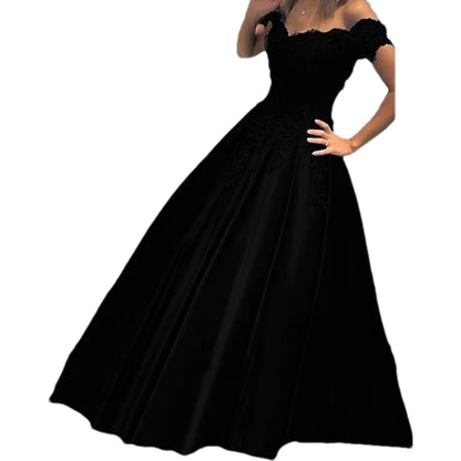 Women A-Line Long Off The Shoulder Satin Formal Gowns Sequin Lace Appliques Corset Prom Evening Dress w/ Pockets