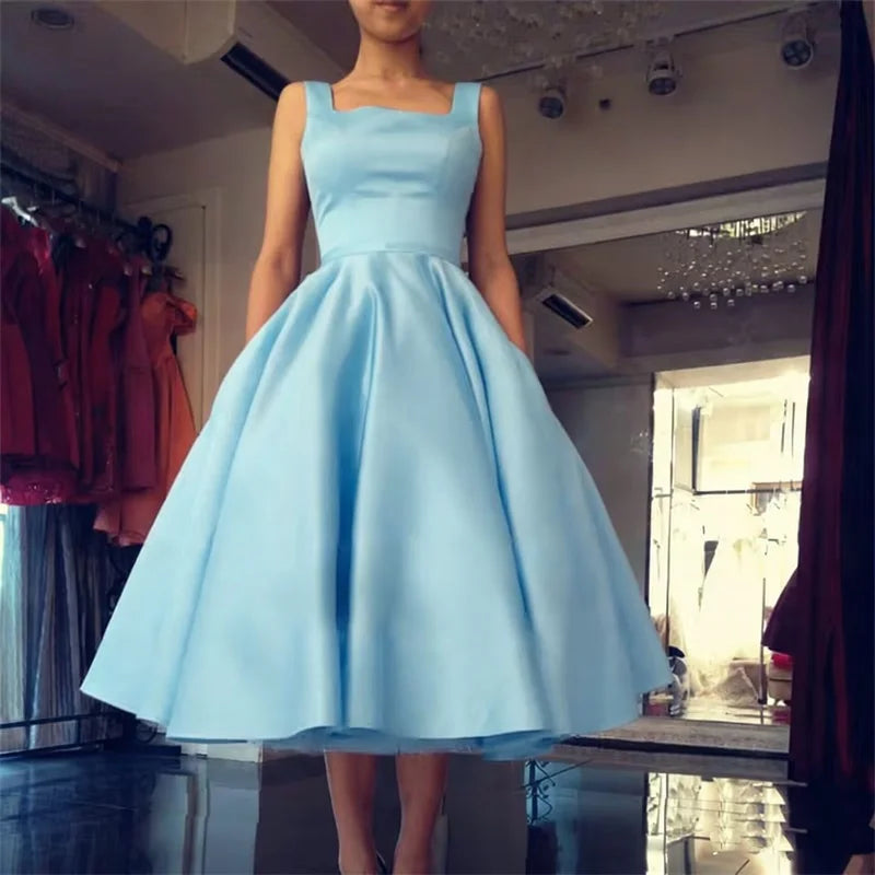 Women's Square Neck Satin Prom Bow A Line Backless Tea Length Formal Evening Party Dress w/ Pockets