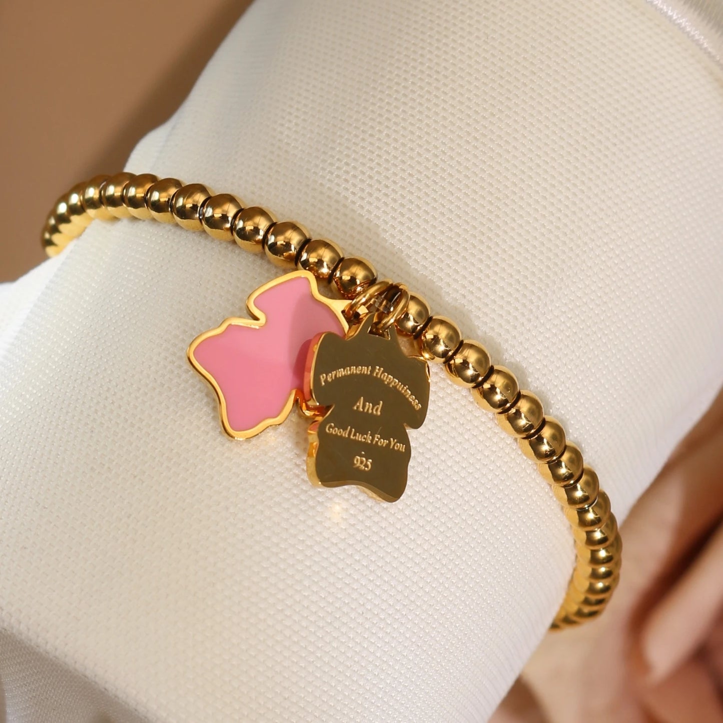 New Pink Elephant Pendant Elastic Bead Stainless Steel Bracelet 18 K Gold Plated Luxury Women's Jewelry Wholesale Gift