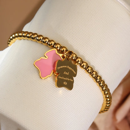 New Pink Elephant Pendant Elastic Bead Stainless Steel Bracelet 18 K Gold Plated Luxury Women's Jewelry Wholesale Gift