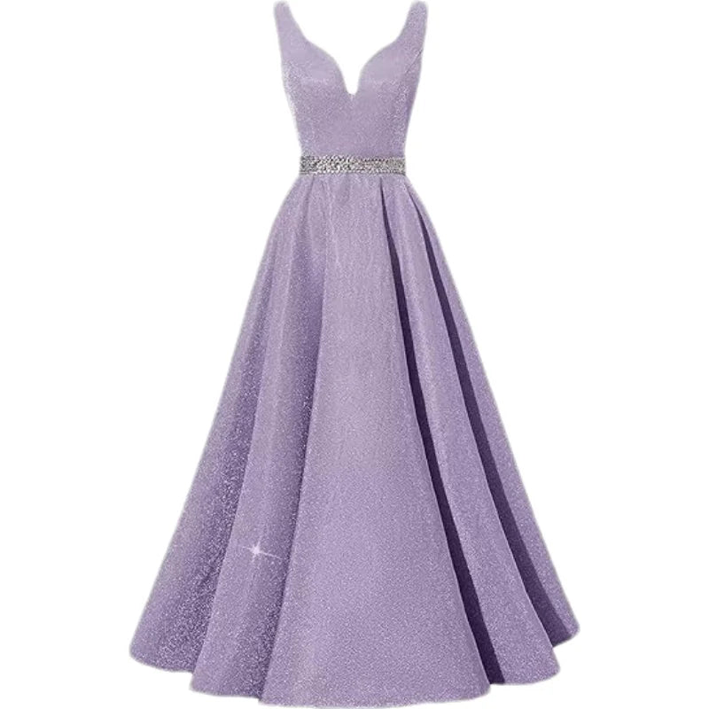Women Glitter Satin Prom Long Corset V-Neck Beaded Belt Formal Evening Party Dress w/ Pockets