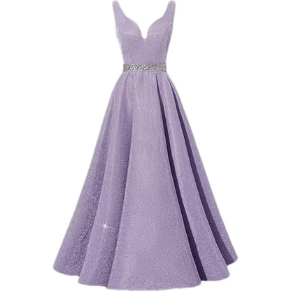 Women Glitter Satin Prom Long Corset V-Neck Beaded Belt Formal Evening Party Dress w/ Pockets