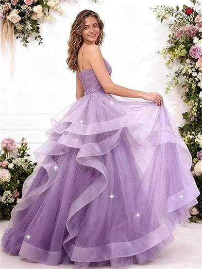Sparkly Tulle Long Prom Spaghetti Straps Ball Glitter Tulle A-line Formal Evening Party Gown Dress