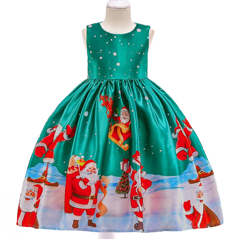 Kids Girls Princess Cartoon Santa Claus Snowflake Costume Xmas Party Print Dress